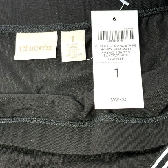 Chicos 1 Pieced Dots Stripe Hanky Hem Maxi‎ Skirt Womens US sz 8 Black White NWT - Picture 6 of 11